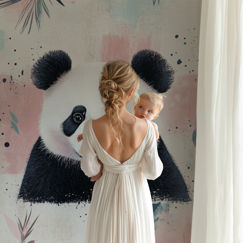 Geometric panda wallpaper creating a feature wall in a kids playroom