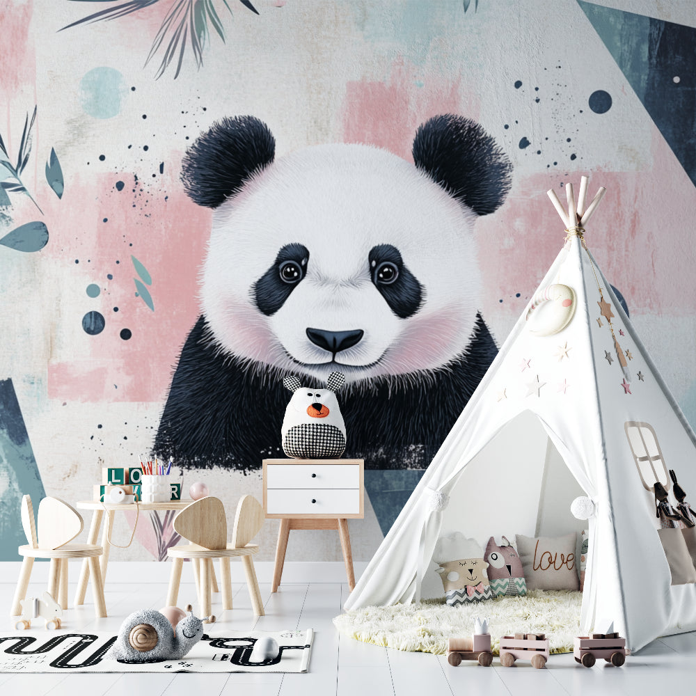 Modern panda wallpaper in a minimalist children's reading nook