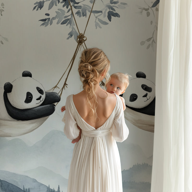 Kids bedroom featuring panda mountain mural with reading nook and soft lighting