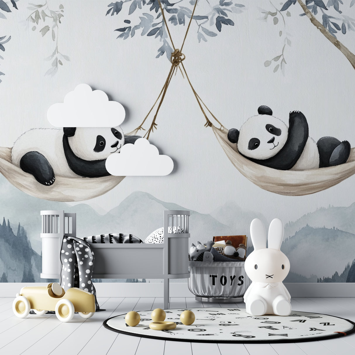 Playroom with panda wallpaper mural showing scale and room depth
