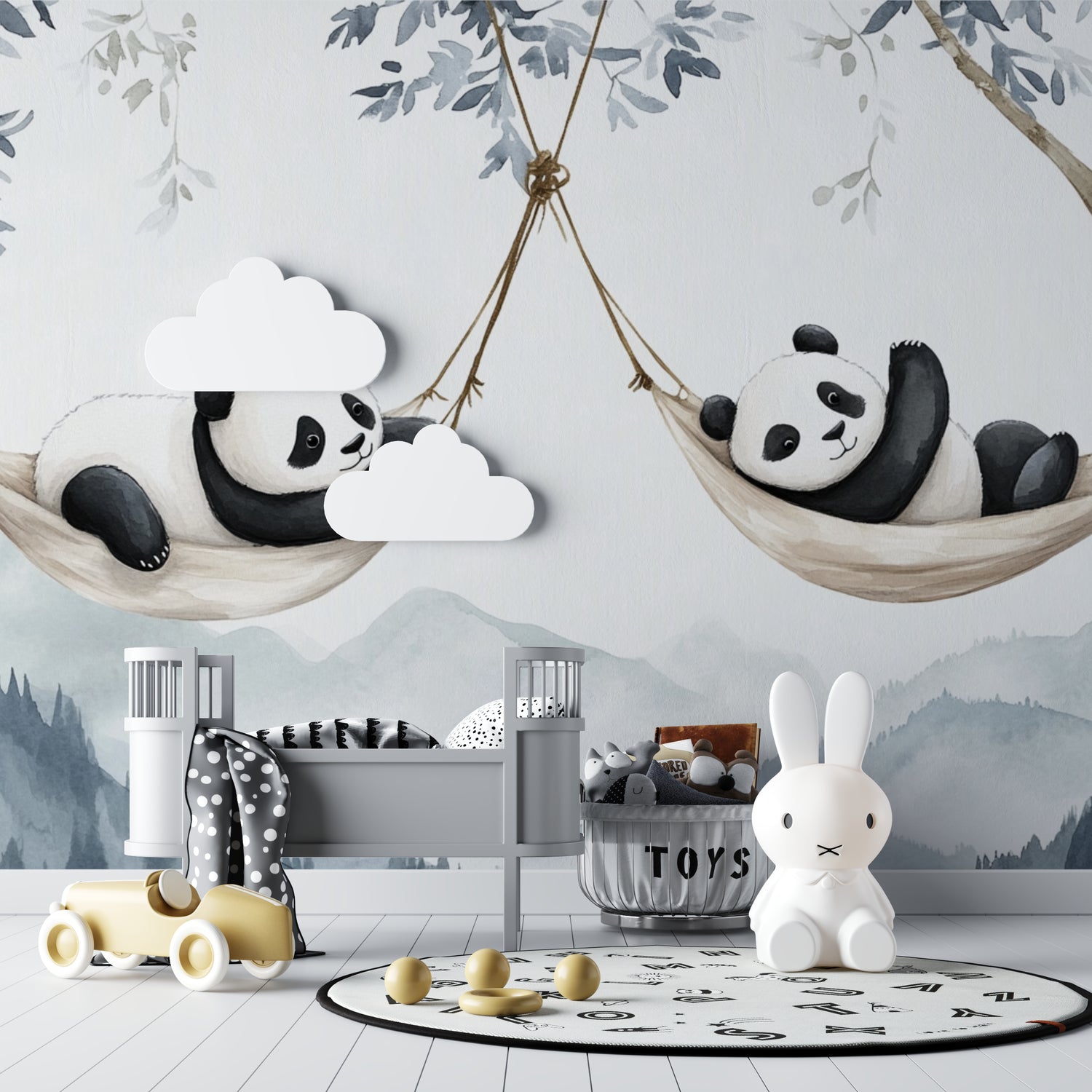 Playroom with panda wallpaper mural showing scale and room depth