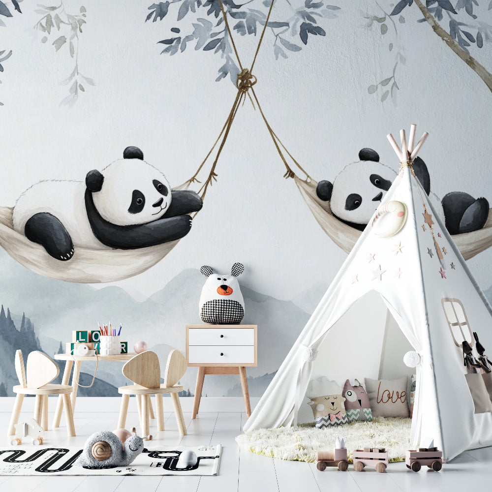 Baby room with mountain panda mural creating peaceful atmosphere