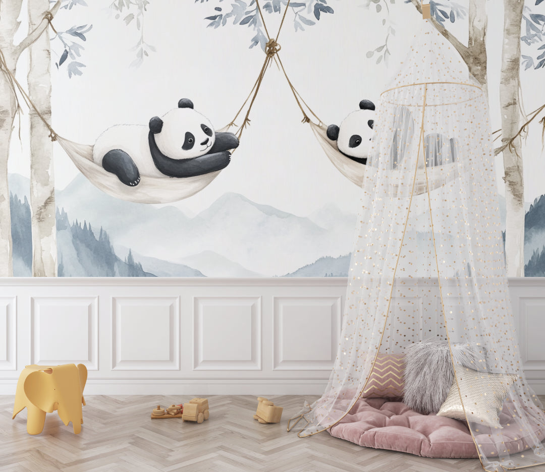 Teen bedroom showcasing panda mural with modern furniture setup
