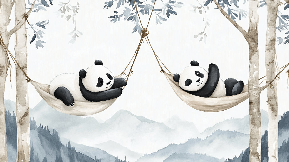 Panda mural design file showing watercolor mountain landscape and relaxing hammock scene