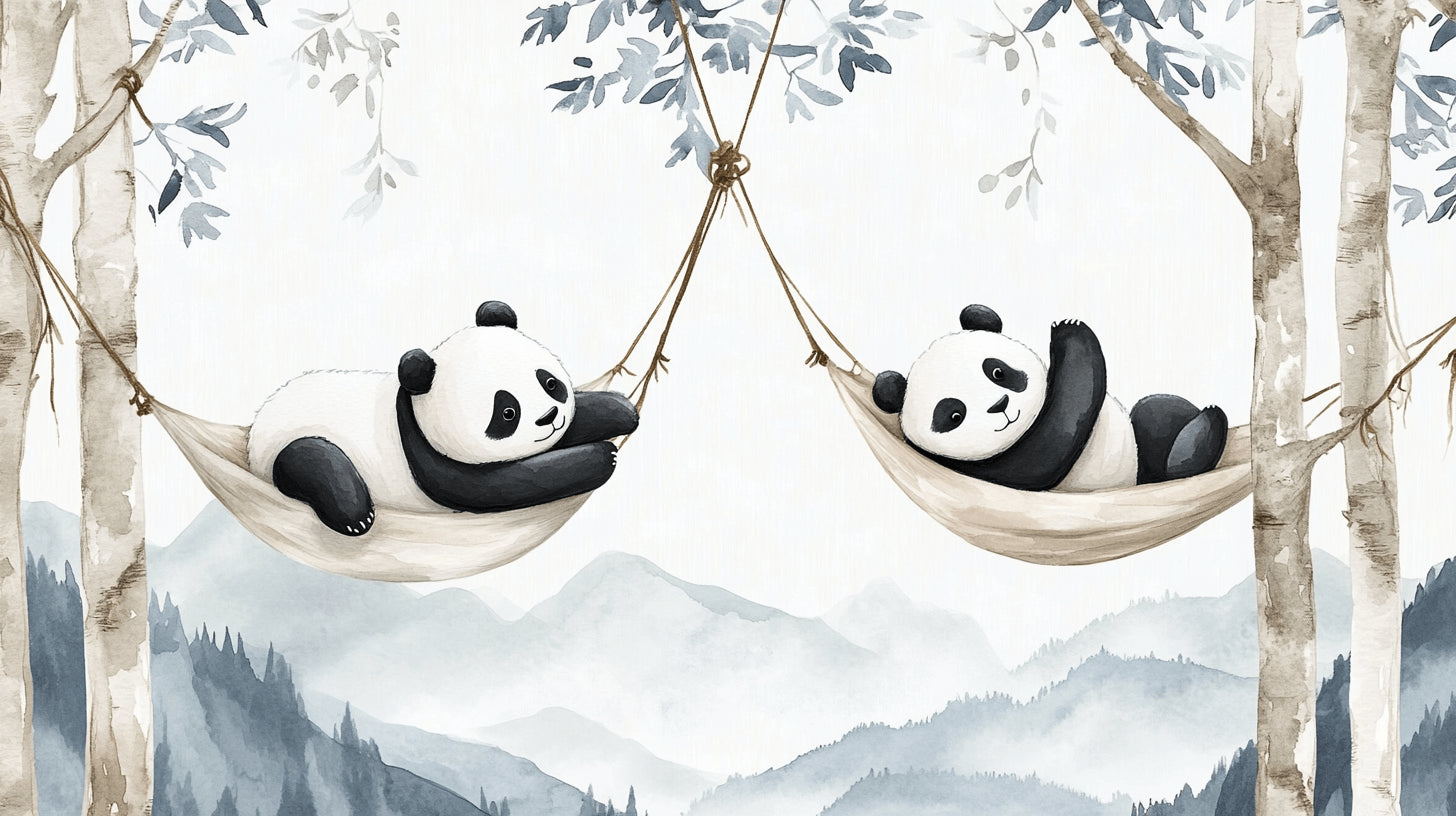 Panda mural design file showing watercolor mountain landscape and relaxing hammock scene