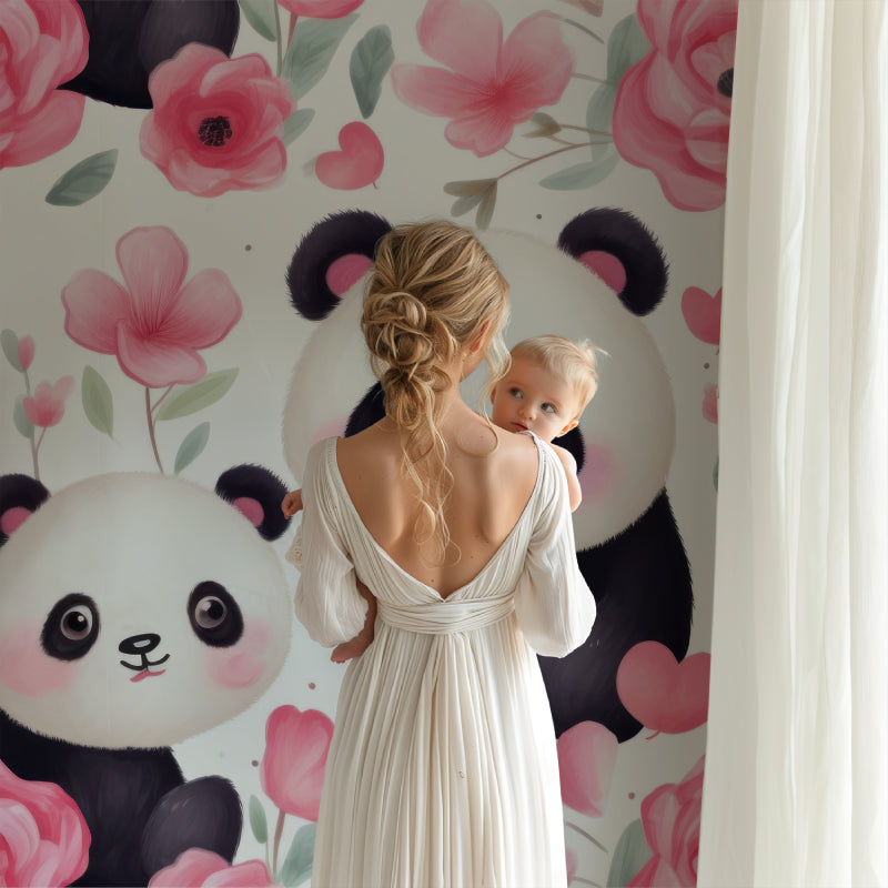 Pink Panda Nursery Wallpaper showcased in a cozy nursery with white furniture and soft lighting