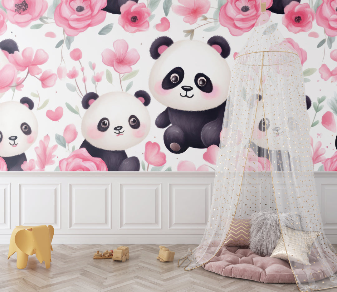 Panda Floral Wallpaper bringing charm to a baby girl's room with rocking chair and mobile