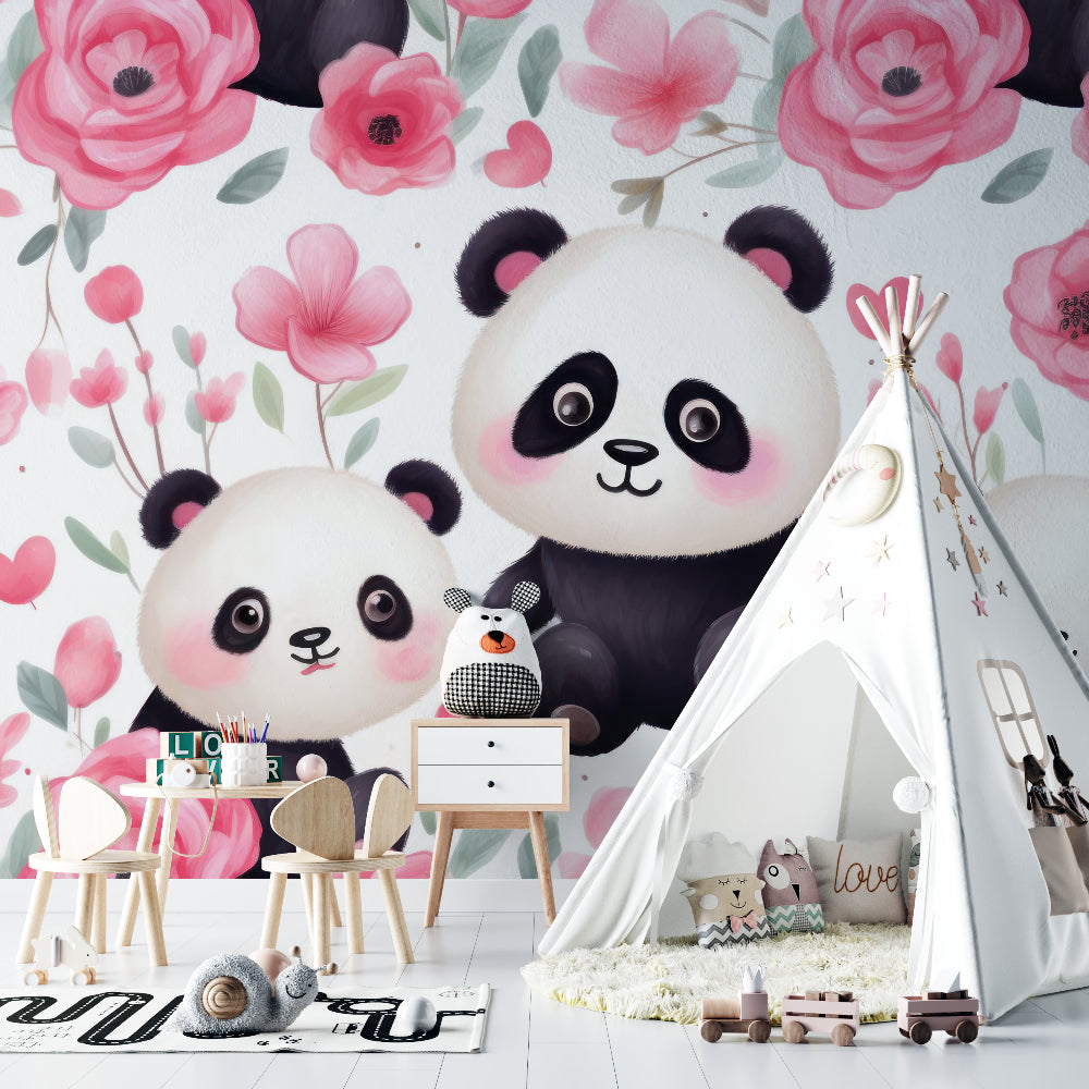 Pink Nursery Wallpaper with pandas displayed in a modern playroom setting