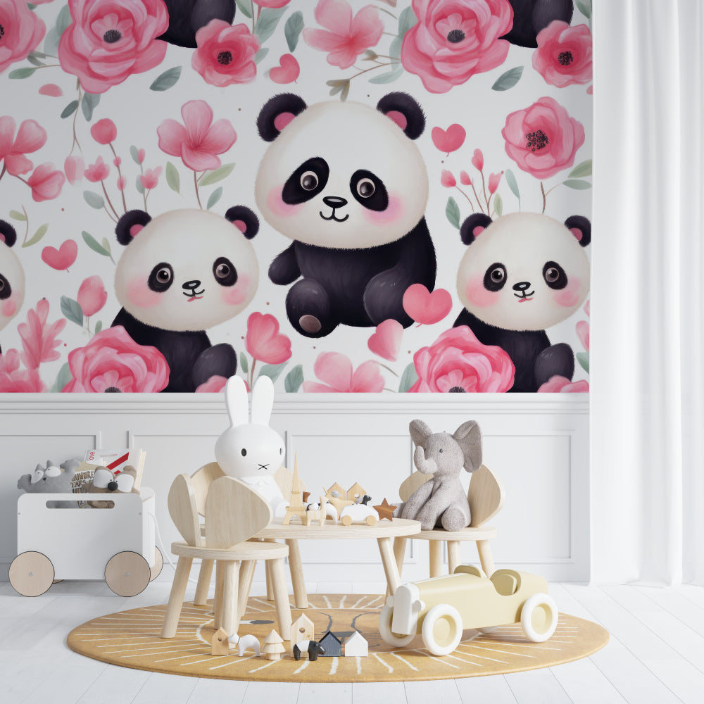 Floral Panda Wallpaper featured in a reading nook with soft cushions