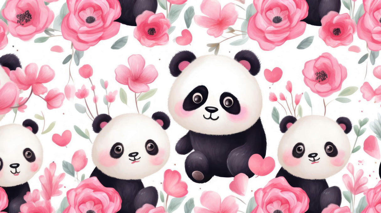 Panda Nursery Wallpaper design file showing full pattern with pink flowers and playful pandas