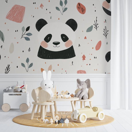 Sweet Panda wallpaper in bright nursery with white furniture and pink accents