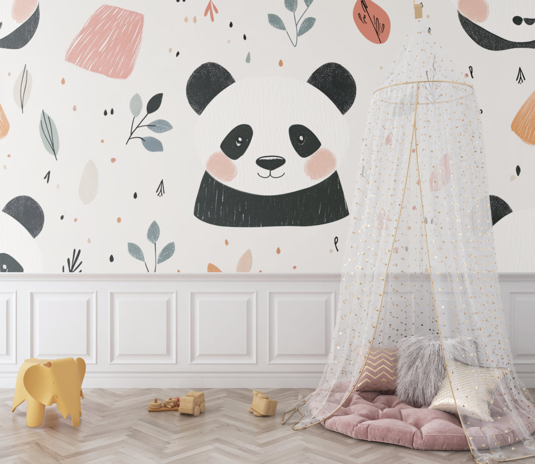 Panda wall mural in modern kids bedroom with reading nook