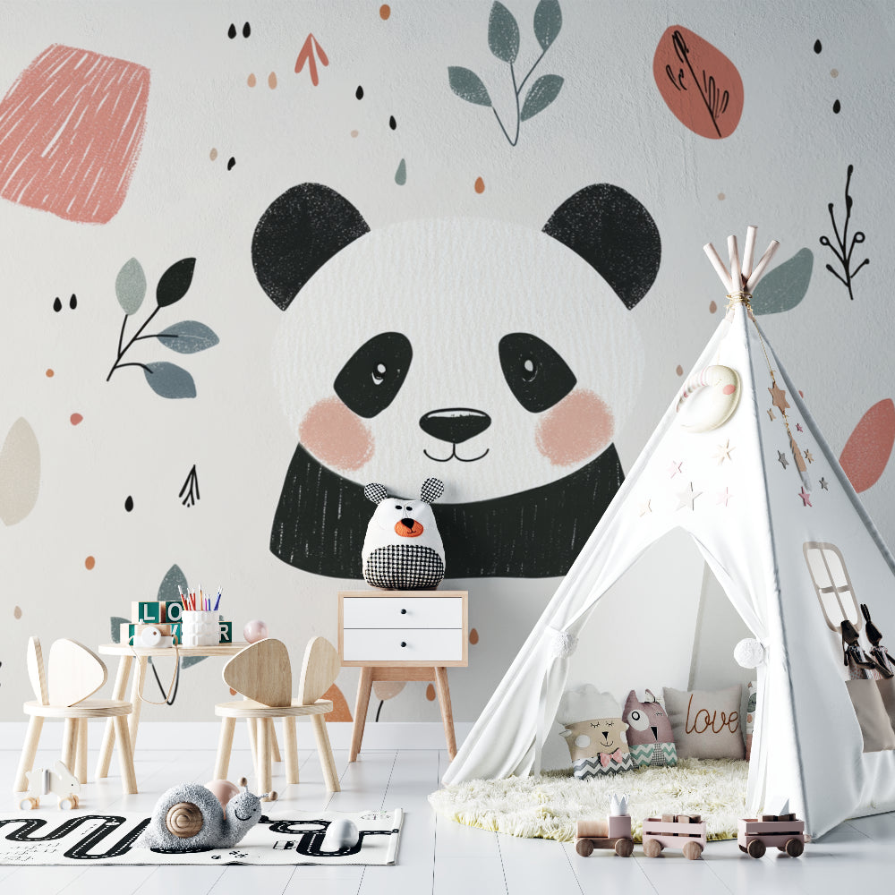 Nordic panda wallpaper in playroom with natural light