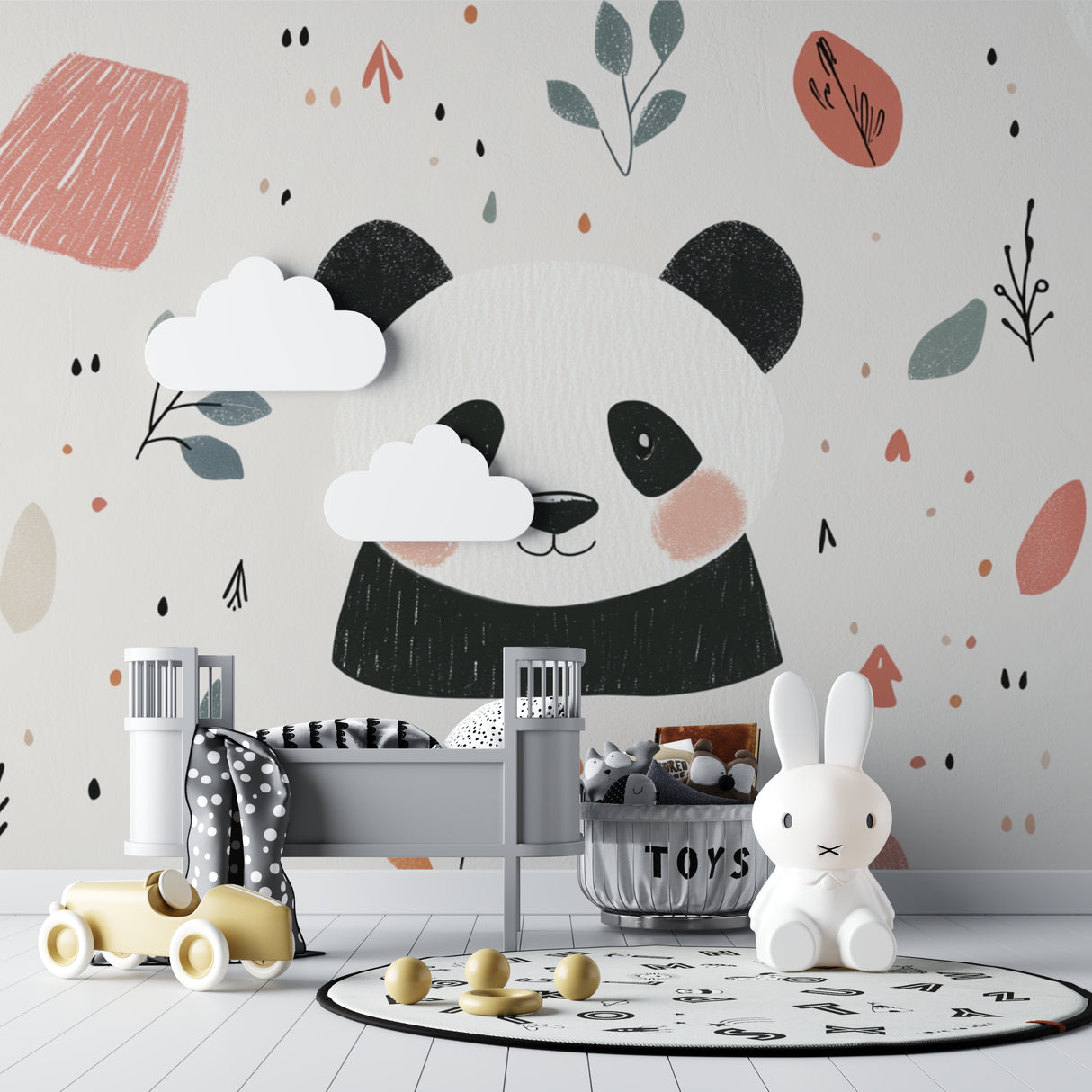 Scandinavian panda design in baby room with crib