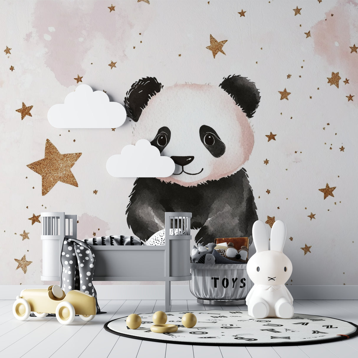 Panda wallpaper with gold stars creating a cozy atmosphere in a modern nursery