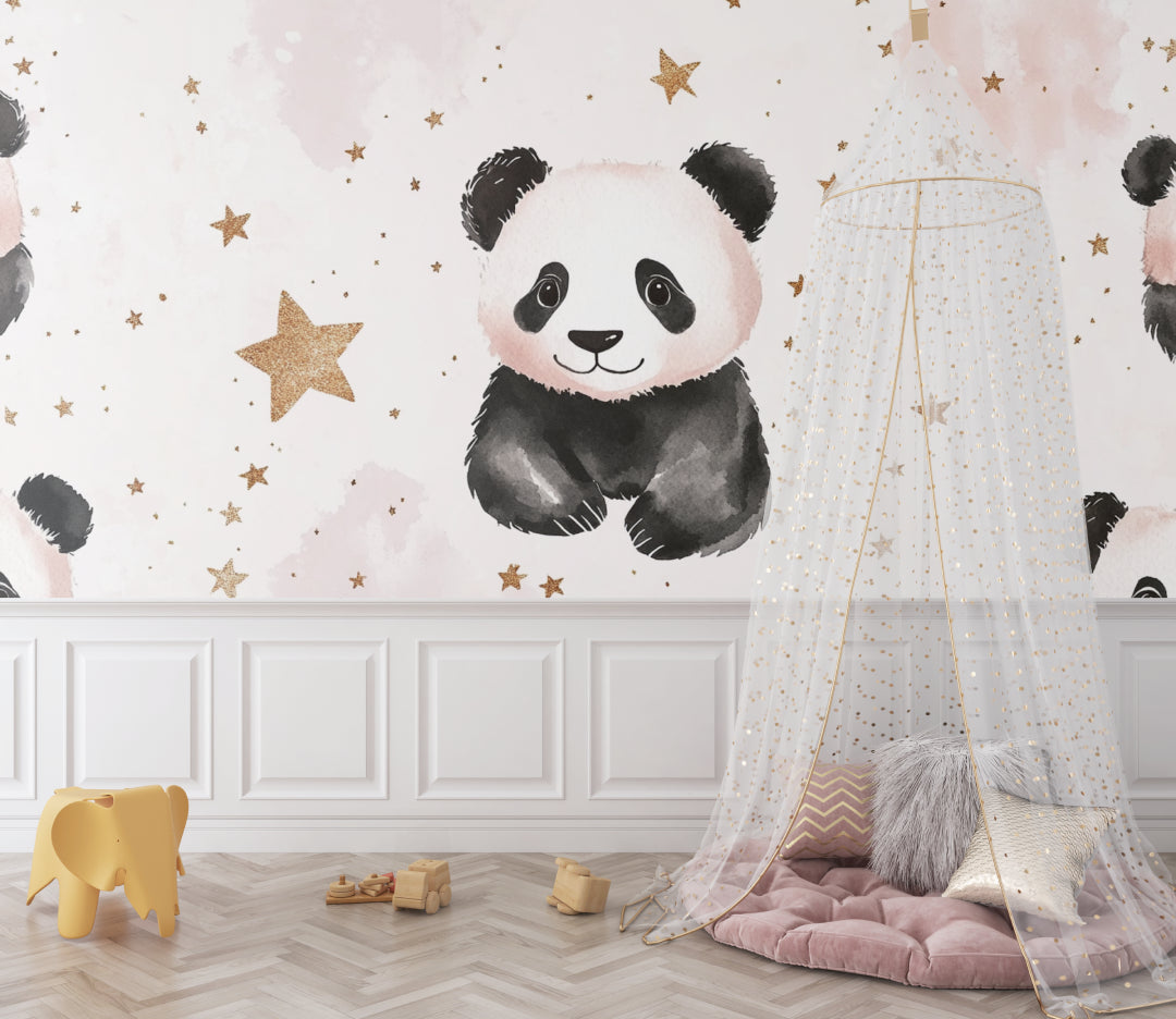 Sweet panda and gold stars mural bringing charm to a kid's bedroom