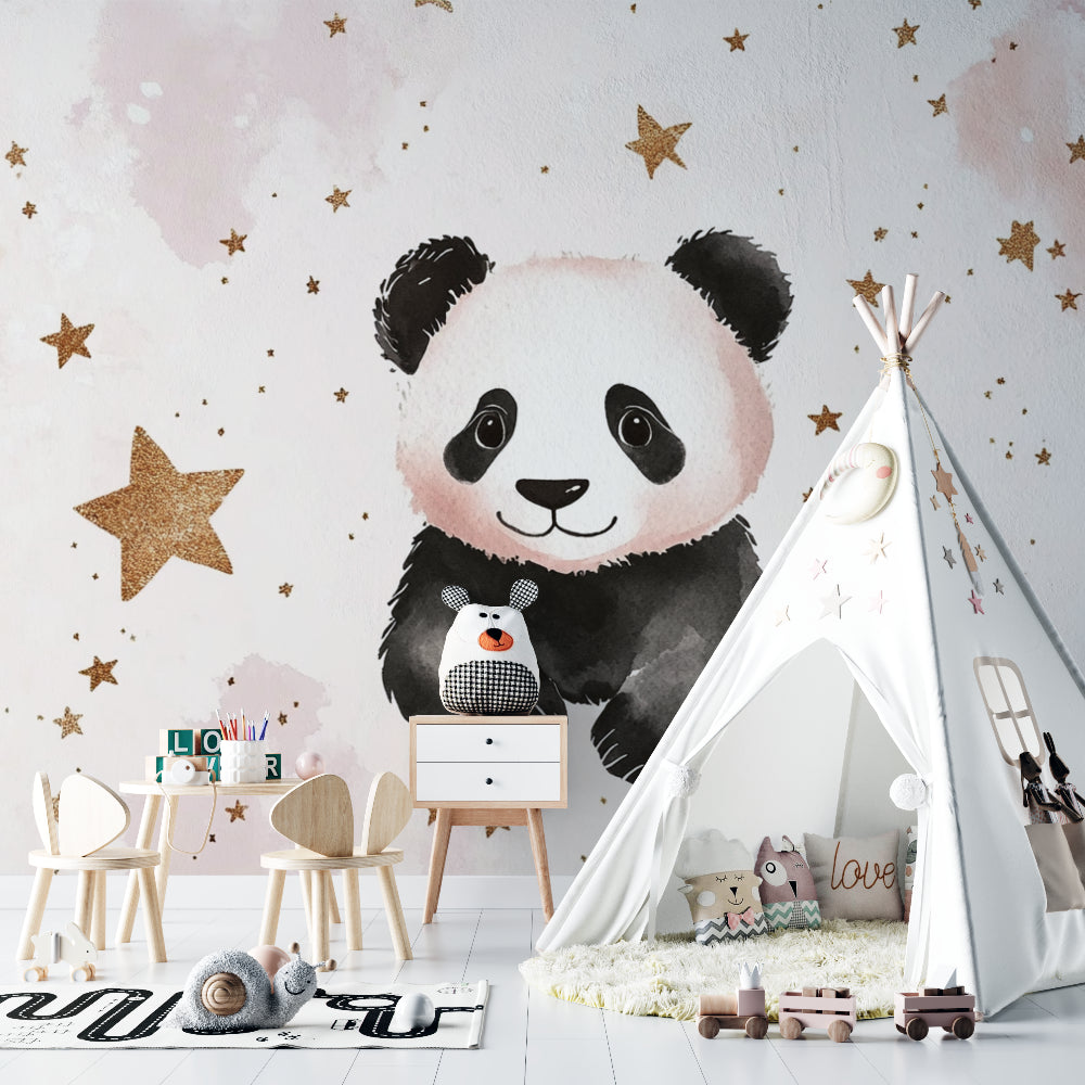 Gold star panda design transforming a playroom wall