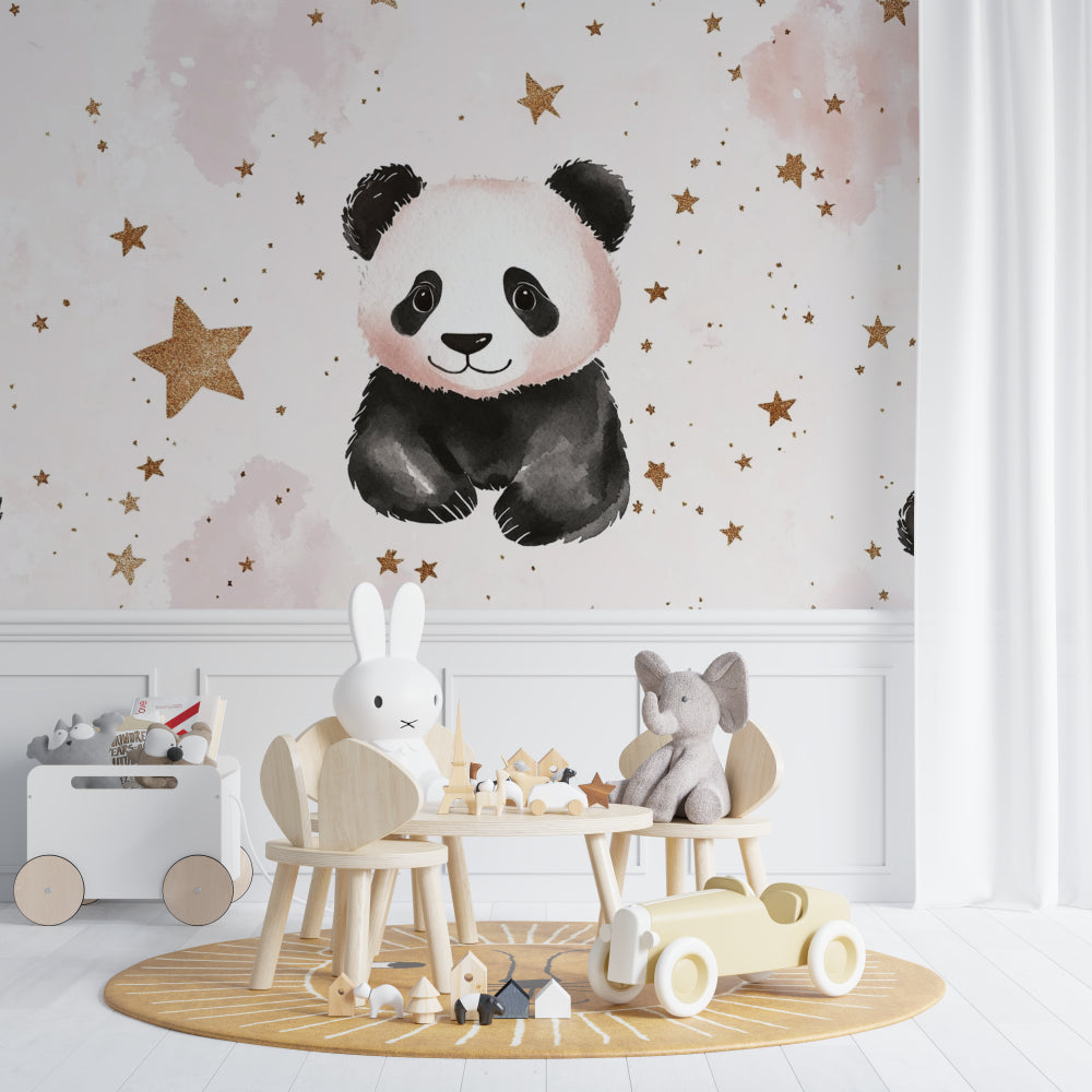 Panda mural with golden accents brightening a reading nook