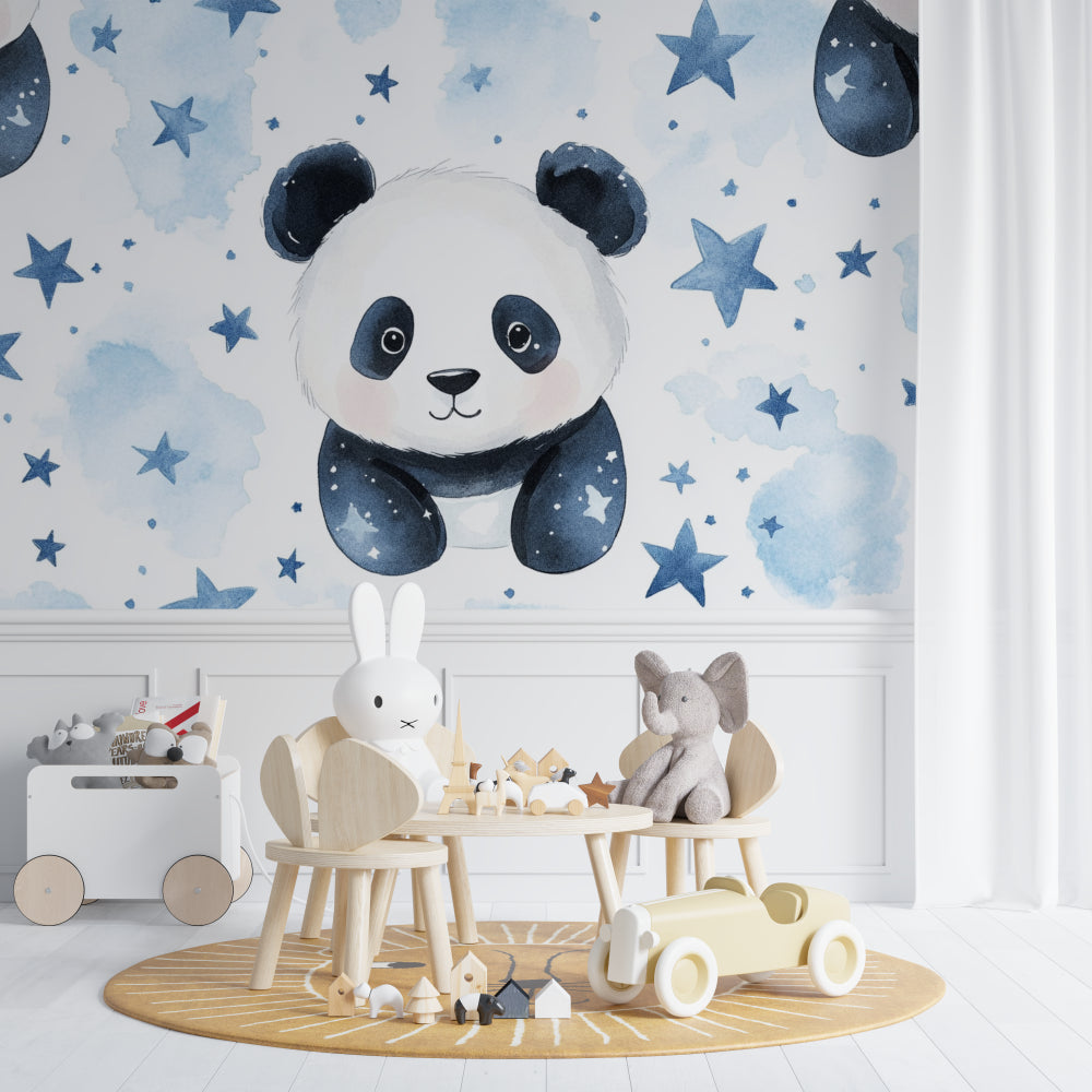 Kids bedroom featuring panda wall mural with reading nook and star details