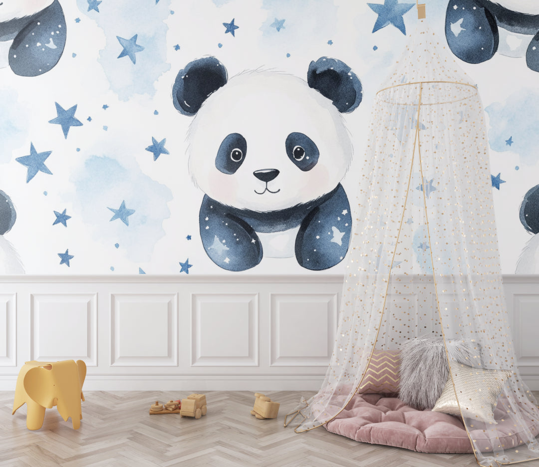 Starry panda wallpaper in playroom setting with natural daylight