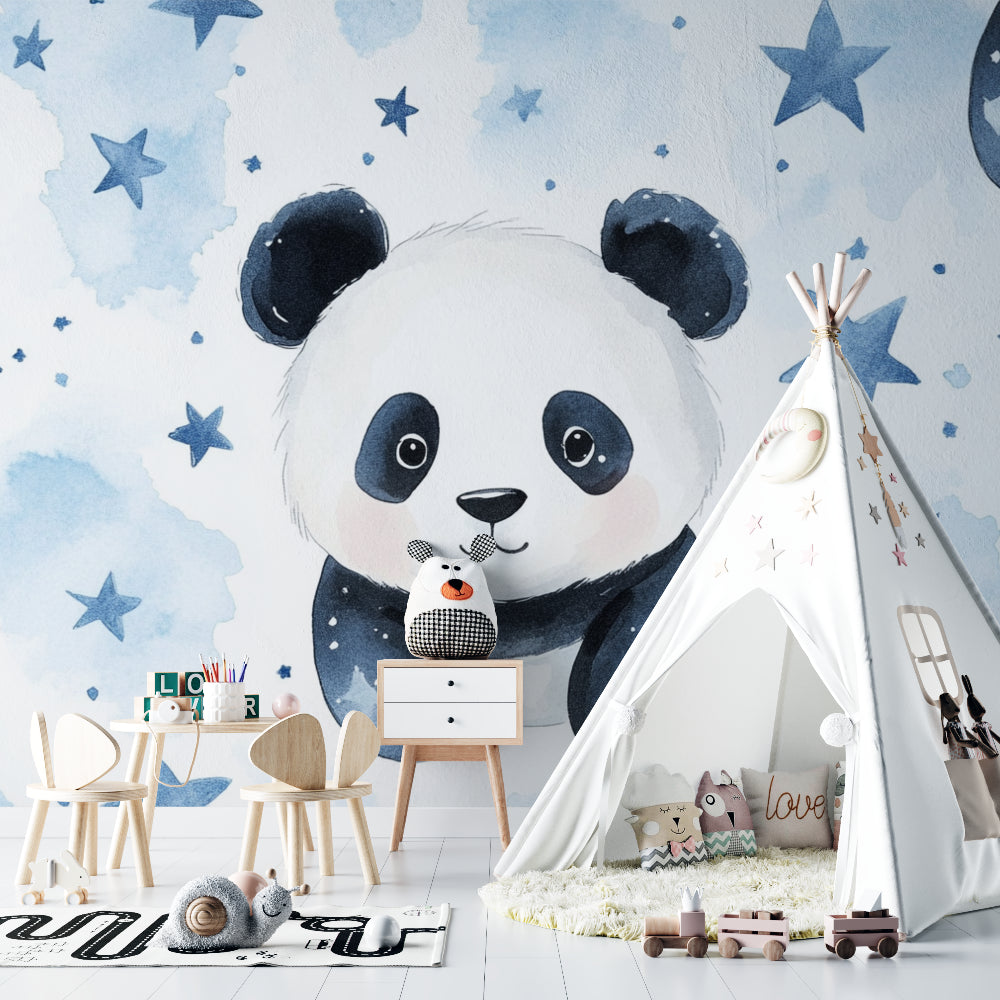 Baby room with gentle panda mural wallpaper creating calm atmosphere