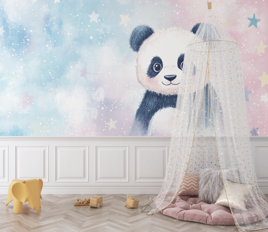 Panda nursery wallpaper creating a magical atmosphere in a modern white nursery with wooden furniture