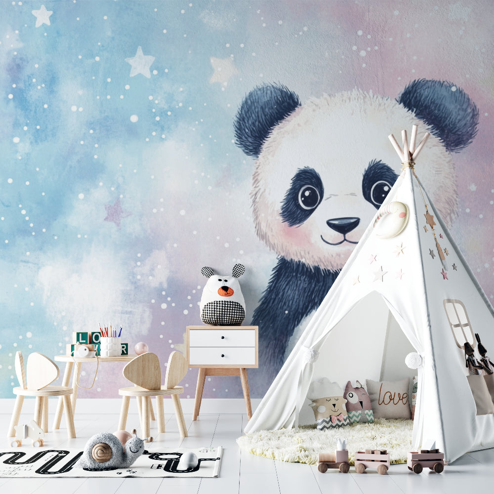 Starry panda wall mural brightening a cozy reading nook with soft lighting