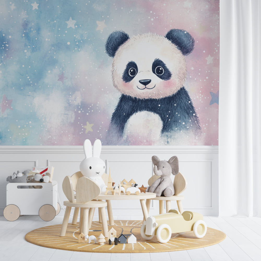 Kids bedroom featuring panda wallpaper mural with gentle night sky design