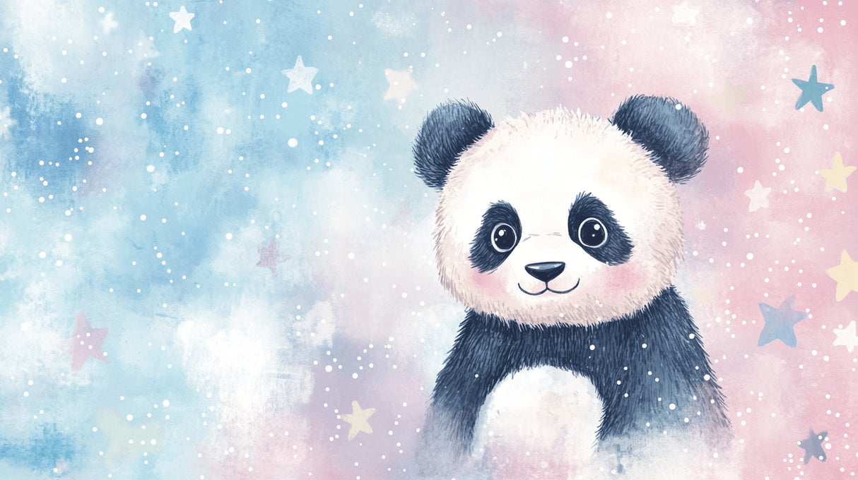 Panda nursery wallpaper design file showing floating panda among starry night sky pattern