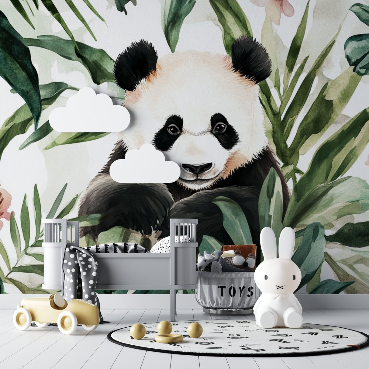 Children's bedroom featuring panda wallpaper mural with soft pink and green tones