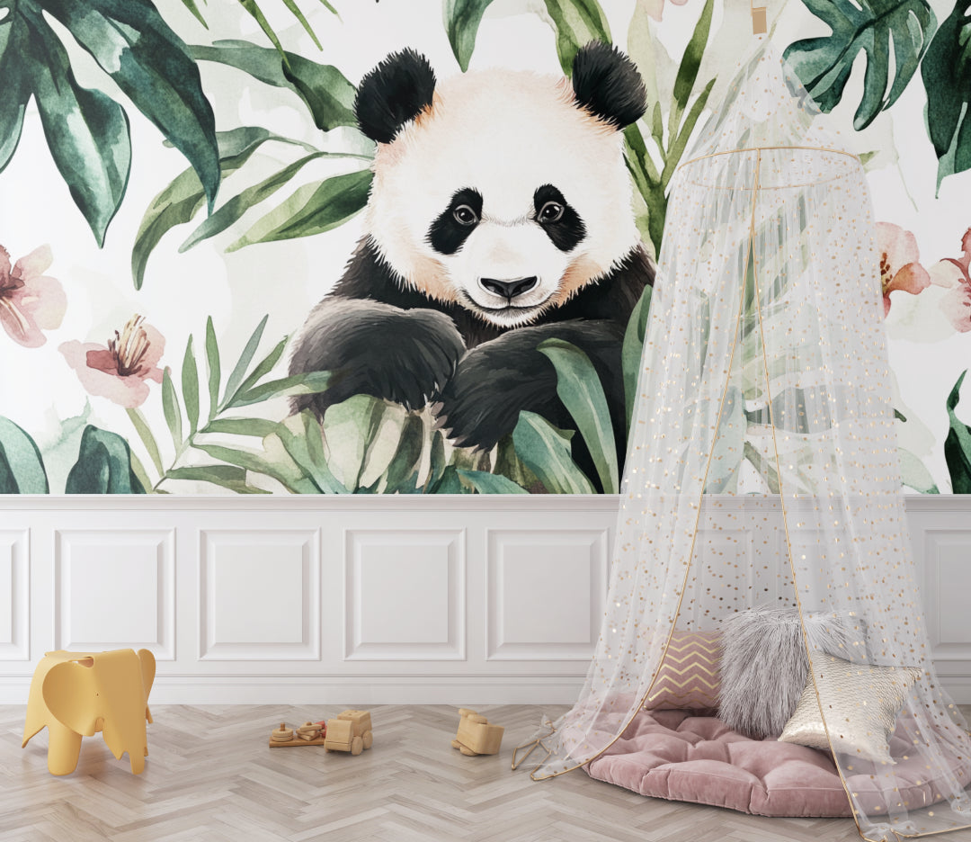Playroom wall decorated with tropical panda mural showing scale and details