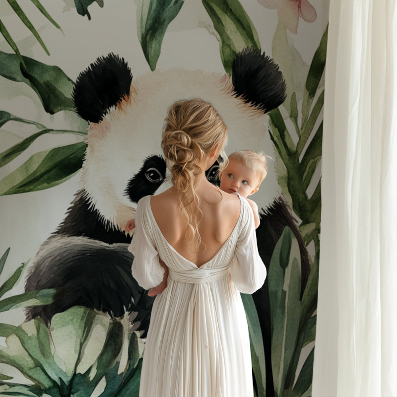 Reading nook with panda jungle wallpaper creating cozy atmosphere