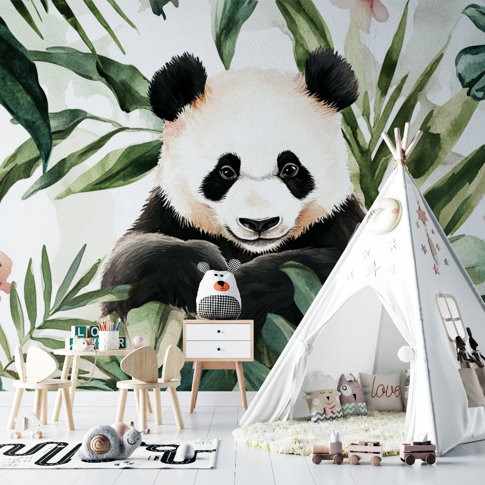 Bedroom showing full wall panda mural installation with furniture