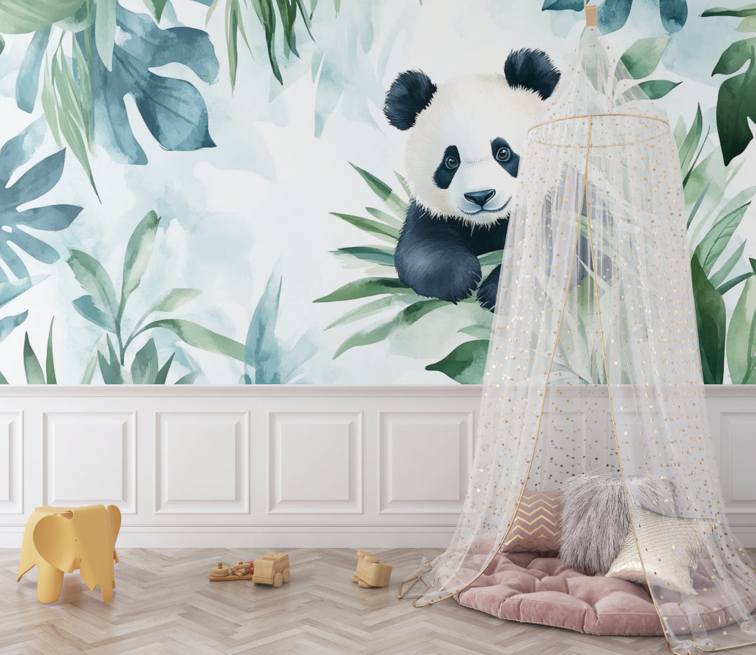 Tropical panda wallpaper creating calm atmosphere in kids playroom