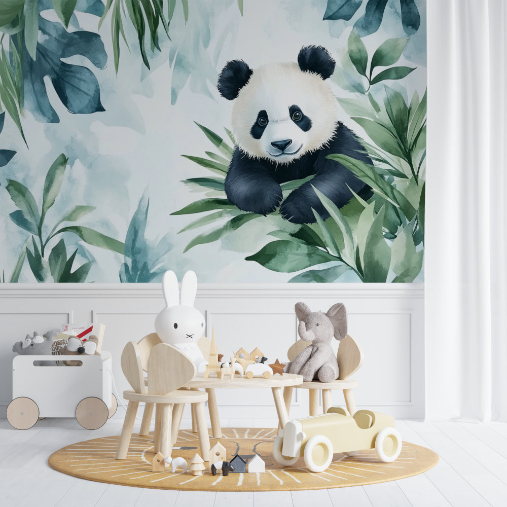 Watercolor panda mural brightening modern bedroom with natural light