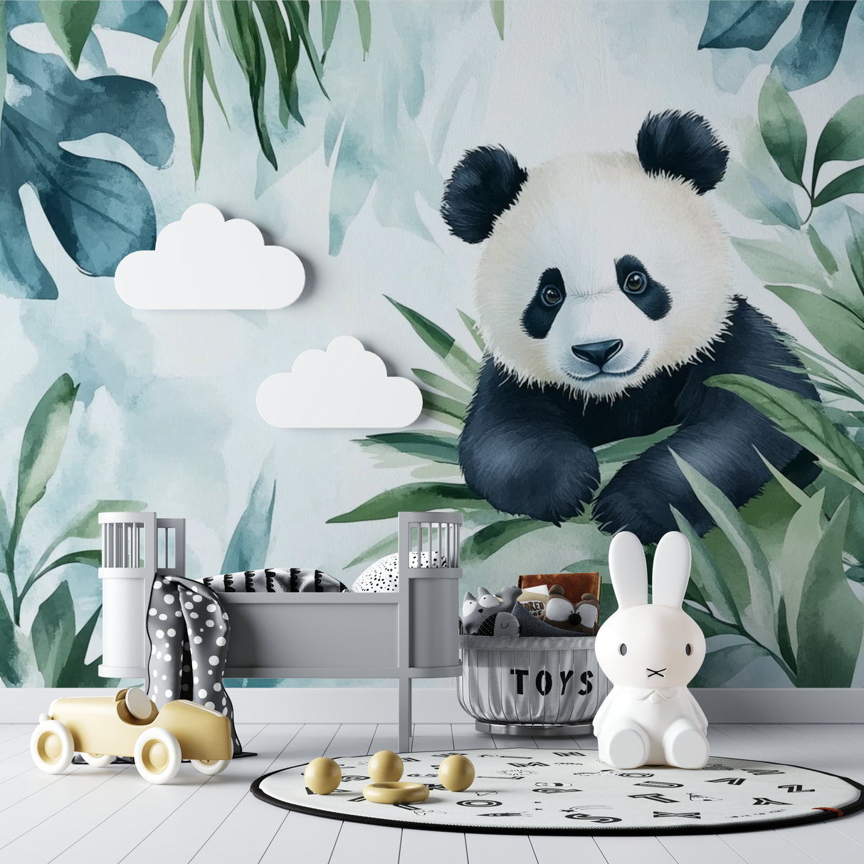 Panda wall mural in reading nook showing scale of tropical leaves