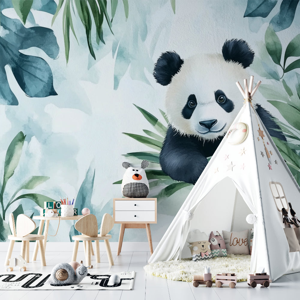 Children's room featuring panda wallpaper with soft green accents