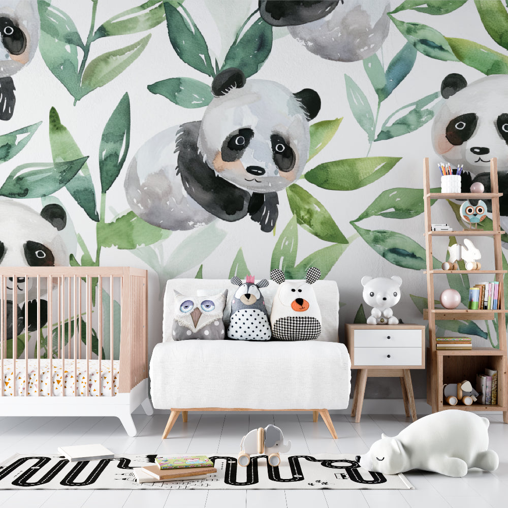 Kids bedroom featuring panda wall mural with soft lighting and bamboo accents