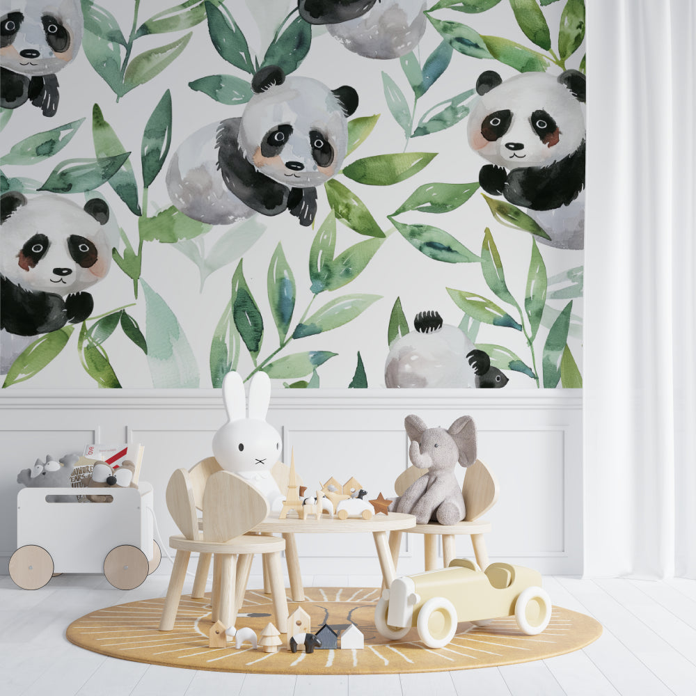 Playroom wall decorated with watercolor panda mural showing scale and vibrancy