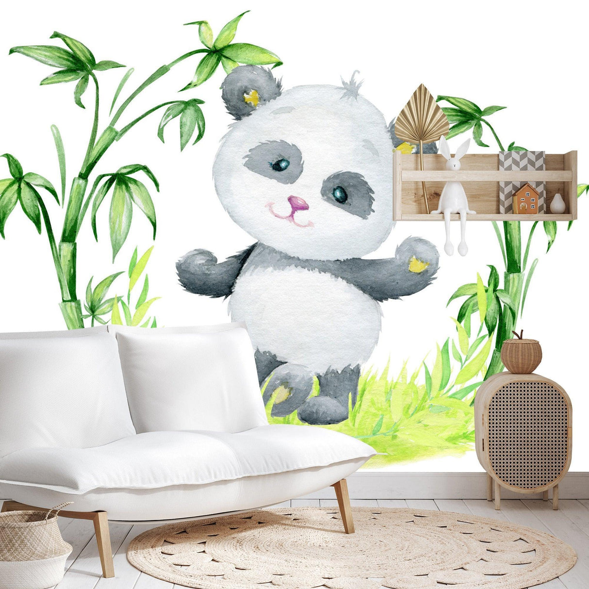 Watercolor panda wall mural in a playful kids bedroom setting