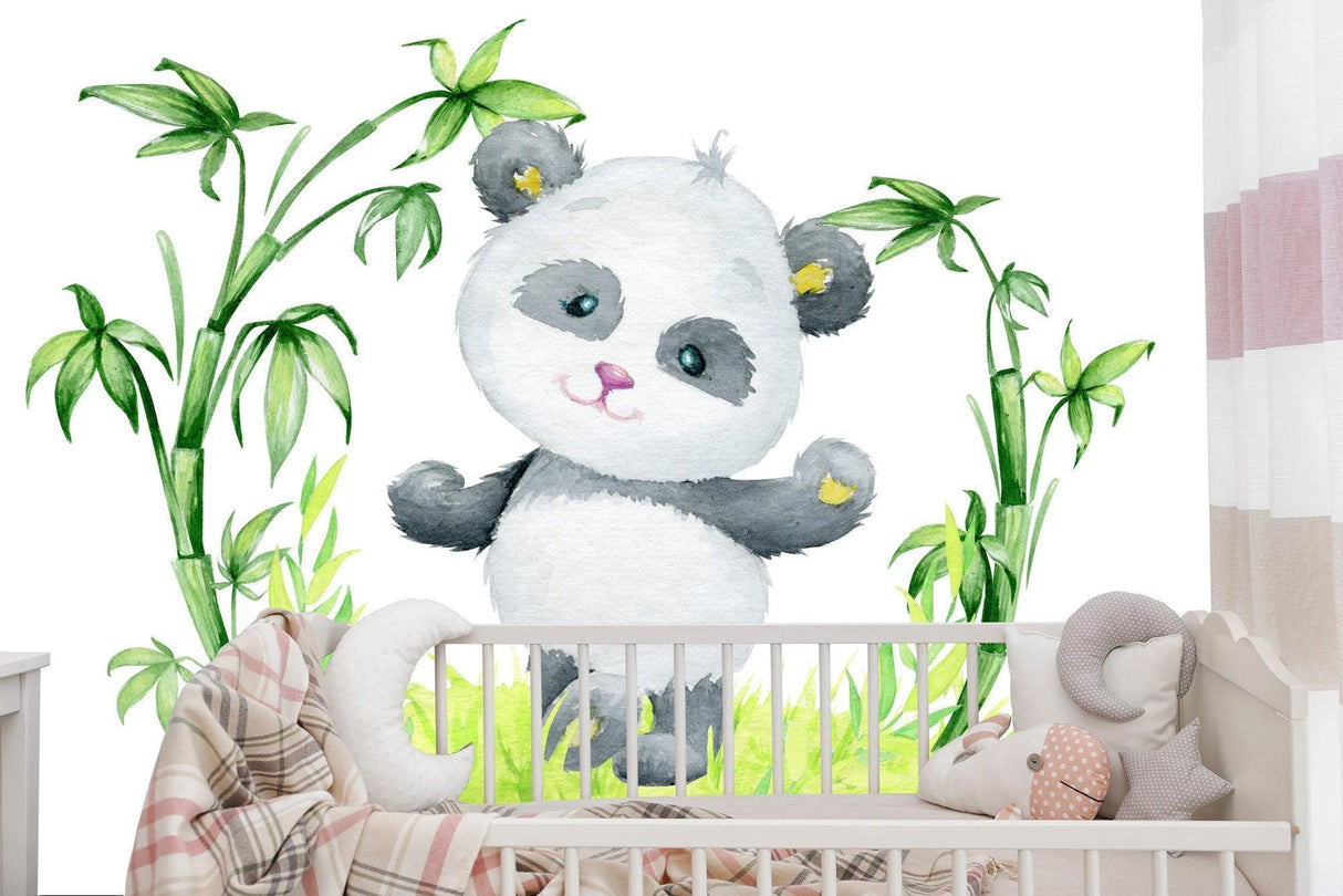 Bamboo garden panda wallpaper showcased in a bright playroom