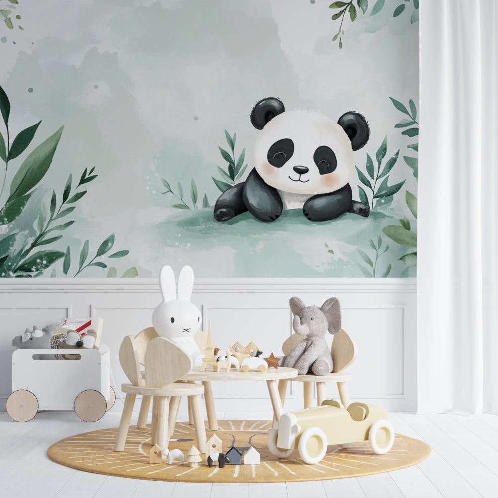 Watercolor panda wall mural bringing charm to a children's reading nook