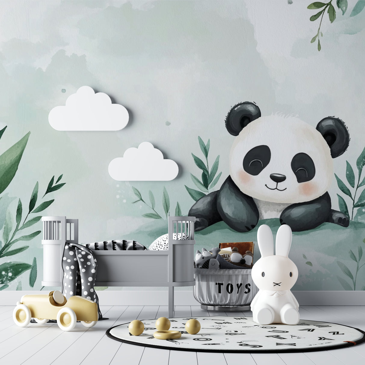 Botanical panda wallpaper transforming a playroom with gentle colors