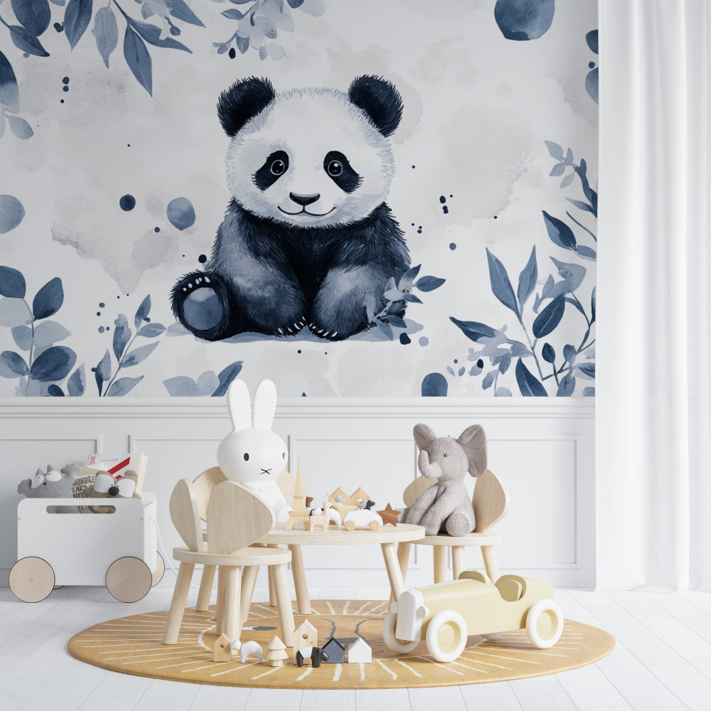 Panda watercolor wallpaper in a cozy nursery with white furniture and soft blue accents