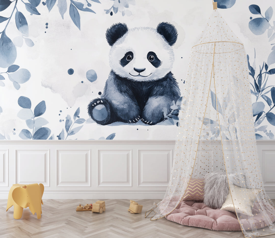 Blue floral panda wallpaper creating a sweet reading nook in a child's bedroom