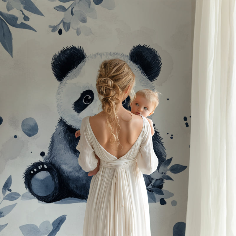 Watercolor panda design brightening a modern playroom with natural light