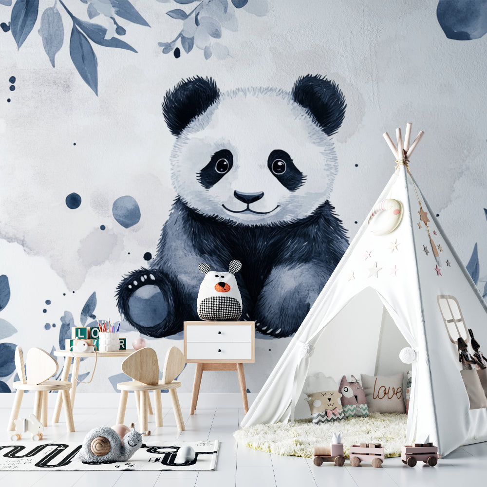Panda wallpaper in a baby's room with matching blue curtains and decor