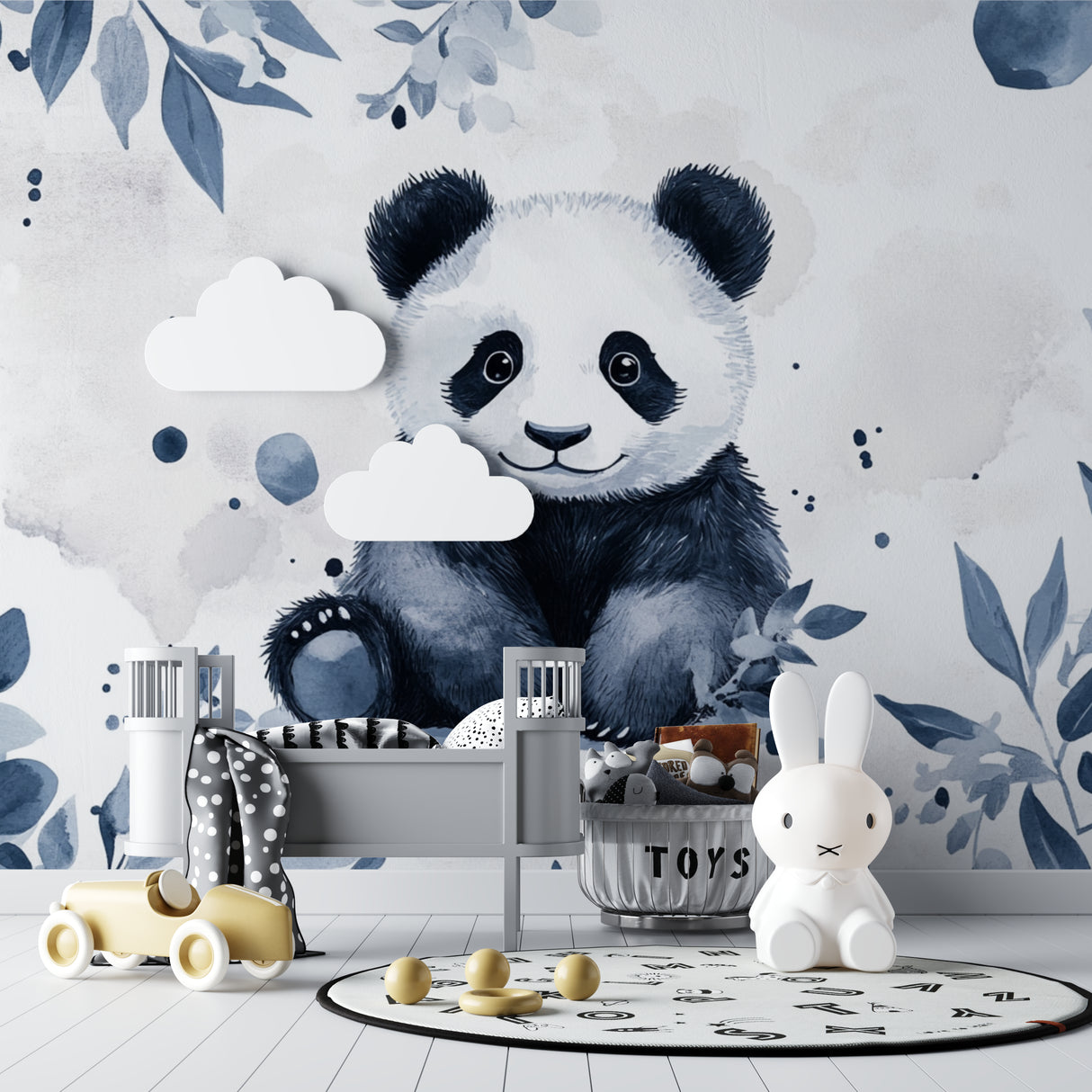 Blue floral panda mural creating calm atmosphere in a minimalist nursery