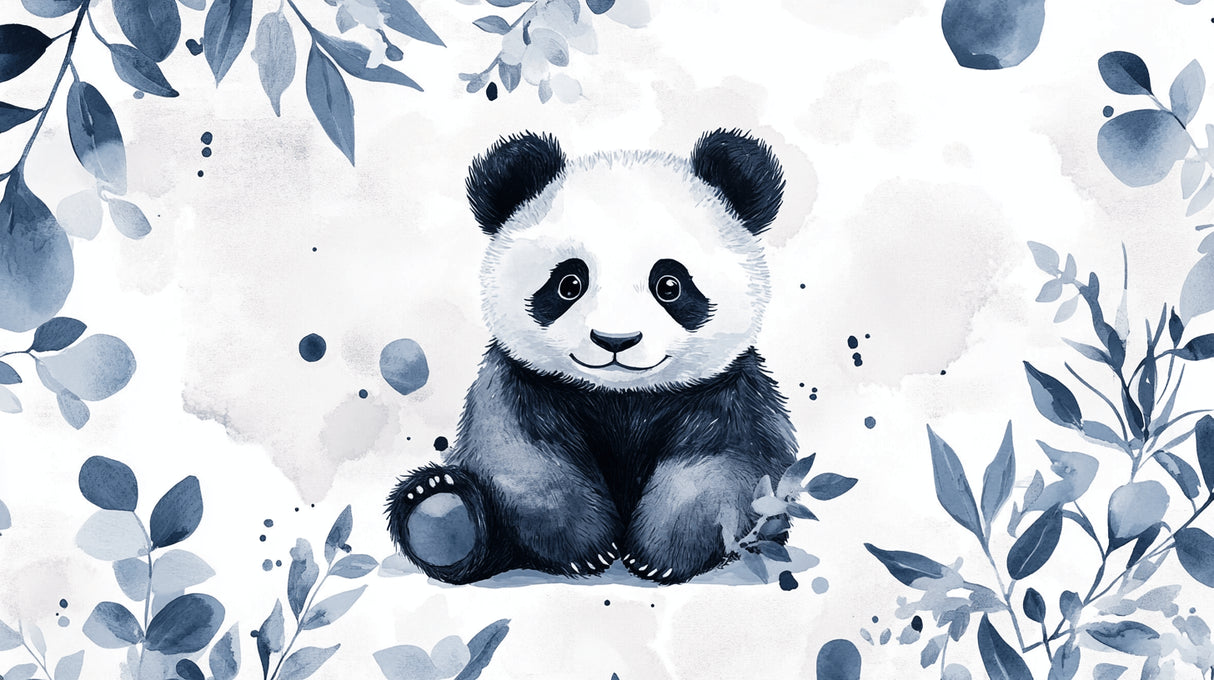 Watercolor panda and blue floral pattern design file showing intricate details and soft color palette