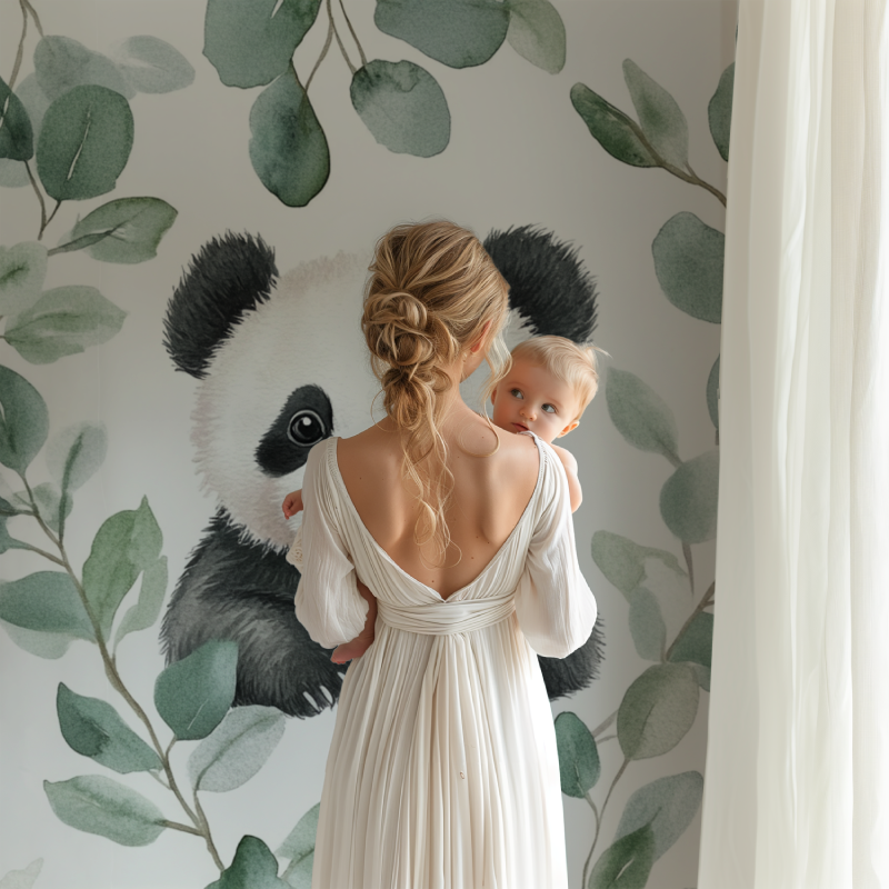 Panda and eucalyptus wallpaper adding charm to a playroom with wooden accents